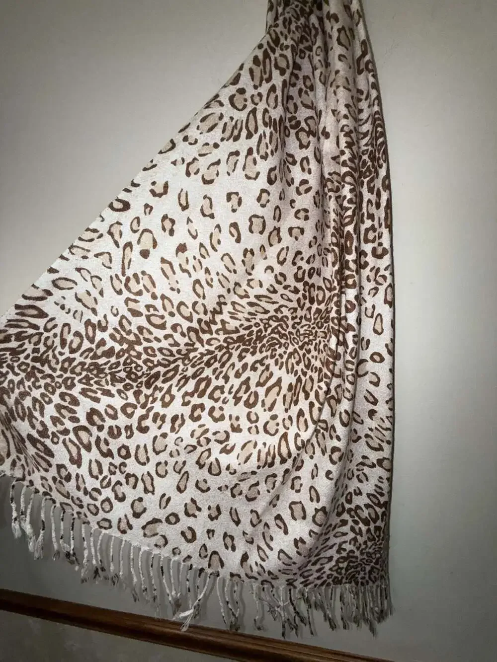 Classic Brown and Ivory Leopard Print Fringed Pashmina Shawl Scarf